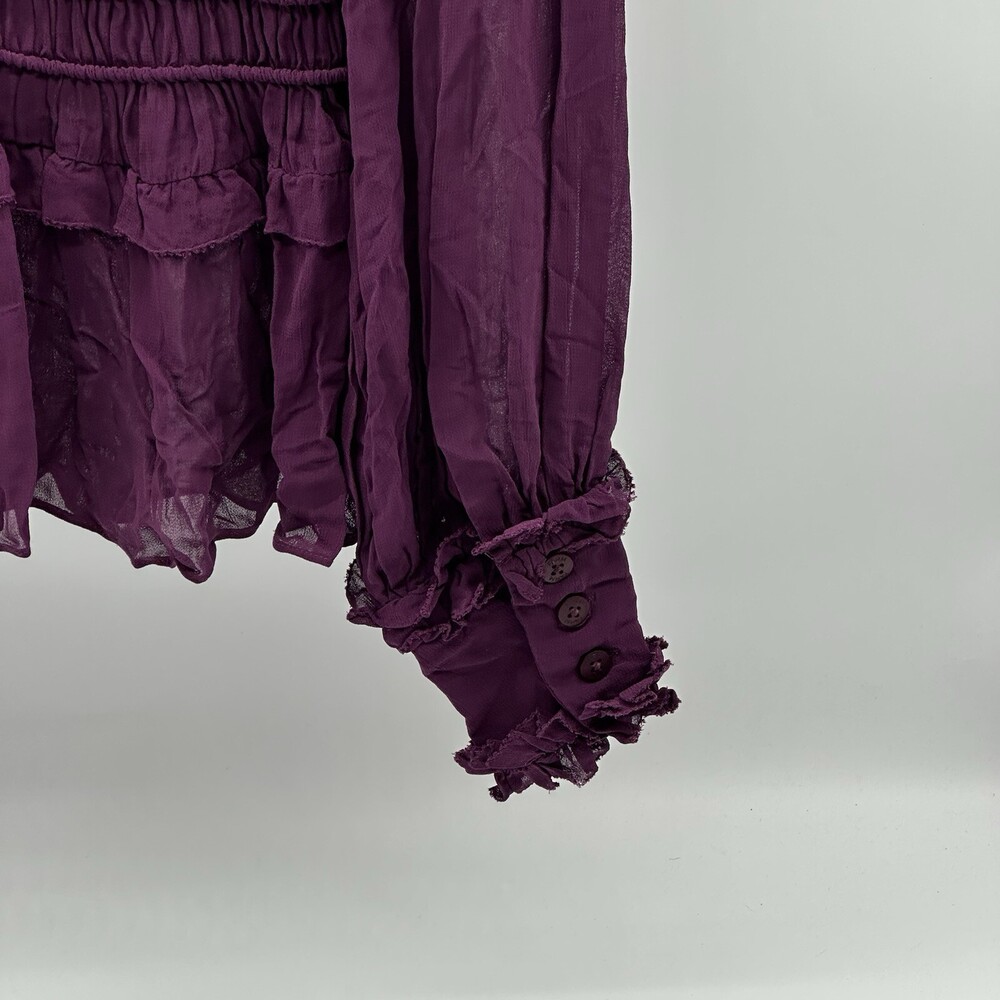 Farm Rio Size XXS Purple Smocked Long Sleeve Mock Neck Ruffled Peplum Top NWOT - Picture 9 of 13